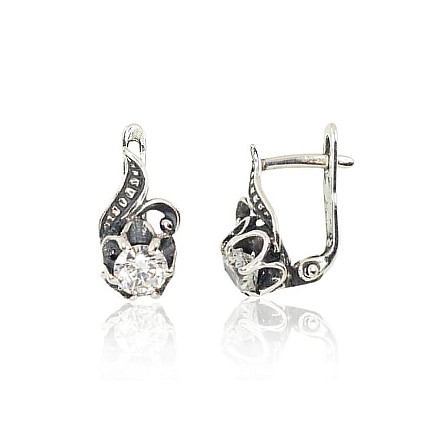 На английском замке,  - Серебряные серьги на английском замке, 2.6 g, Серебро 925 проба, оксид (покрытие), Цирконы