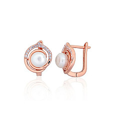 Серебряные серьги на английском замке, 4.2 g, Серебро 925 проба, красное золото (покрытие), Цирконы , Жемчуг