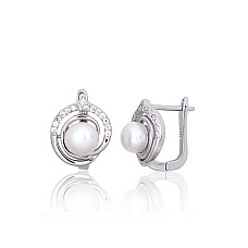 Серебряные серьги на английском замке, 4.2 g, Серебро 925 проба, родий (покрытие), Цирконы , Жемчуг