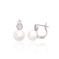 Серебряные серьги на английском замке, 2.6 g, Серебро 925 проба, родий (покрытие), Цирконы , Жемчуг
