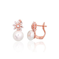 Серебряные серьги на английском замке, 2.4 g, Серебро 925 проба, красное золото (покрытие), Цирконы , Жемчуг