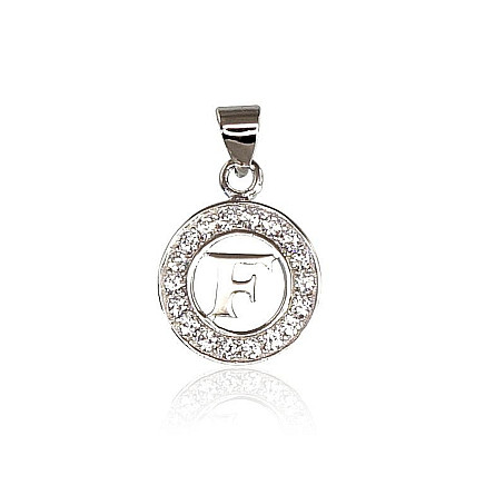 Буквы, Буква F - Серебряный кулон, Серебро 925 проба, родий (покрытие), Цирконы