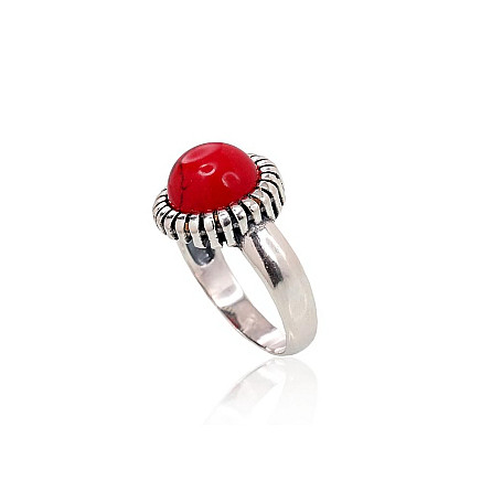 Серебряное кольцо, Серебро 925 проба, оксид (покрытие), Коралл (Имитация), - 2101425000069 Женские, - Серебряное кольцо, Серебро 925 проба, оксид (покрытие), Коралл (Имитация)