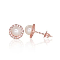 Золотые серьги-пуссеты, 1.05 g, Красное Золото 585 проба, Цирконы , Жемчуг