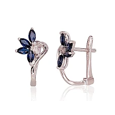 Золотые серьги на английском замке, 1.99 g, Белое Золото 585 проба, Бриллианты , Сапфир