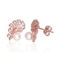 Золотые серьги-пуссеты, 0.96 g, Красное Золото 585 проба, Цирконы , Жемчуг