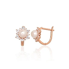 Золотые серьги на английском замке, 2.3 g, Красное Золото 585 проба, Цирконы , Жемчуг