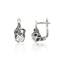 Серебряные серьги на английском замке, Серебро 925 проба, оксид (покрытие), Цирконы