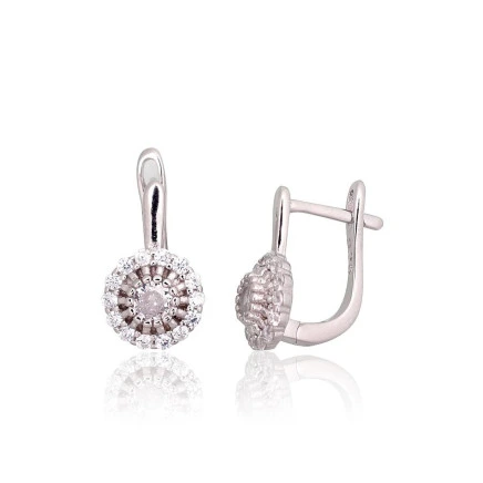 На английском замке,  - Серебряные серьги на английском замке, 2.8 g, Серебро 925 проба, родий (покрытие), Цирконы