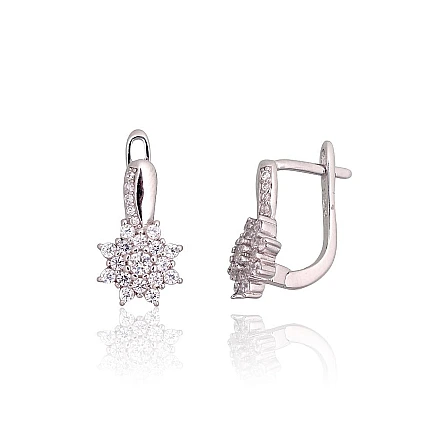 На английском замке,  - Серебряные серьги на английском замке, 2.8 g, Серебро 925 проба, родий (покрытие), Цирконы