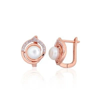 Серебряные серьги на английском замке, 4.2 g, Серебро 925 проба, красное золото (покрытие), Цирконы , Жемчуг