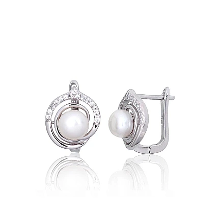 На английском замке,  - Серебряные серьги на английском замке, 4.2 g, Серебро 925 проба, родий (покрытие), Цирконы , Жемчуг