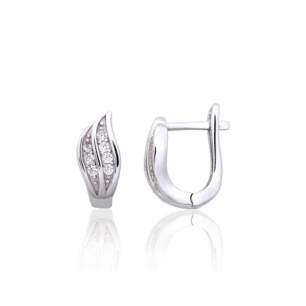 На английском замке,  - Серебряные серьги на английском замке, 2.8 g, Серебро 925 проба, родий (покрытие), Цирконы