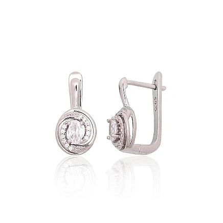 На английском замке,  - Серебряные серьги на английском замке, 3.6 g, Серебро 925 проба, родий (покрытие), Цирконы